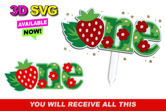 One Strawberry Cake Topper 3D SVG for Birthday Projects